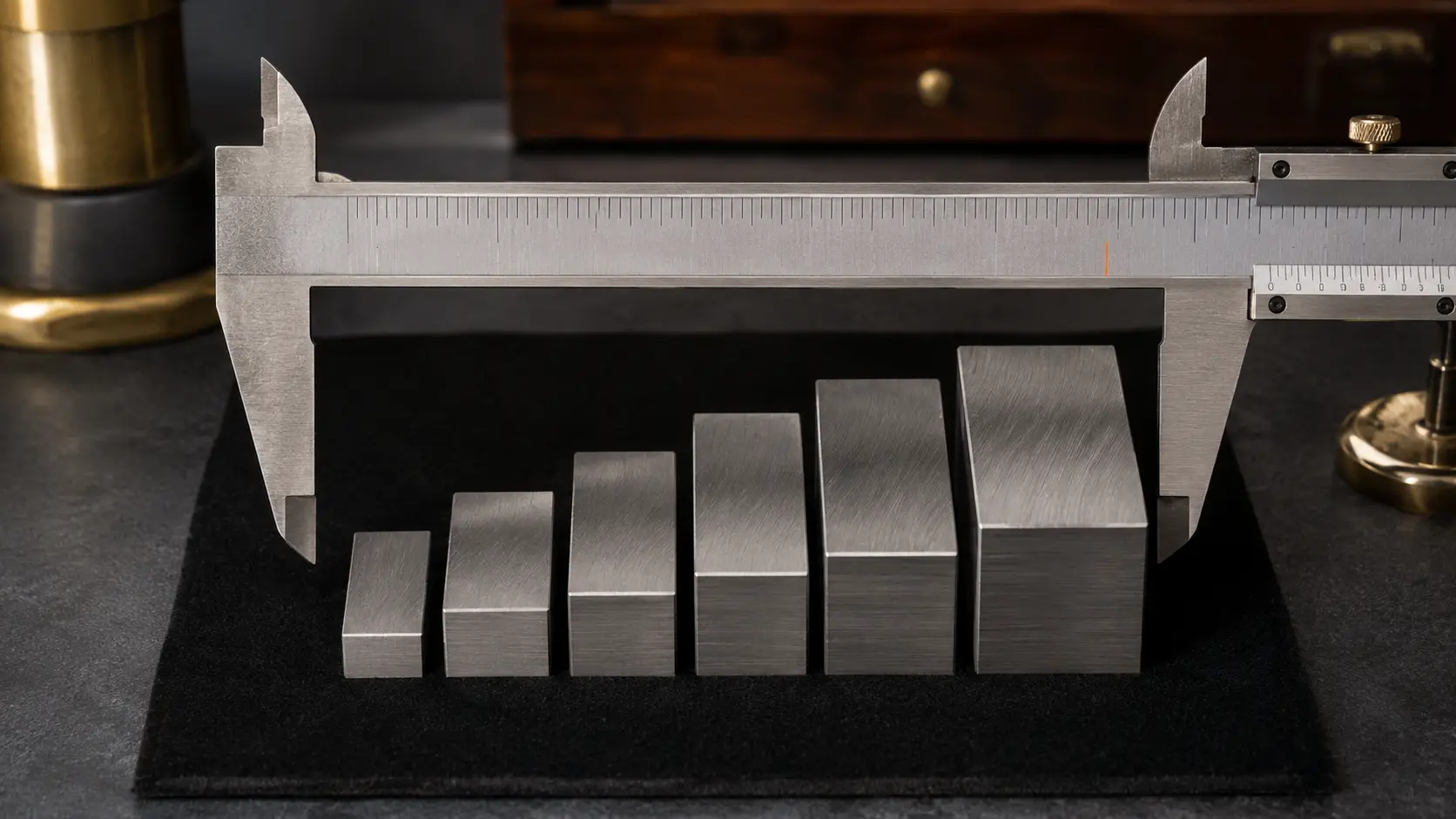 Analog calipers measuring six machined gauge blocks in ascending order