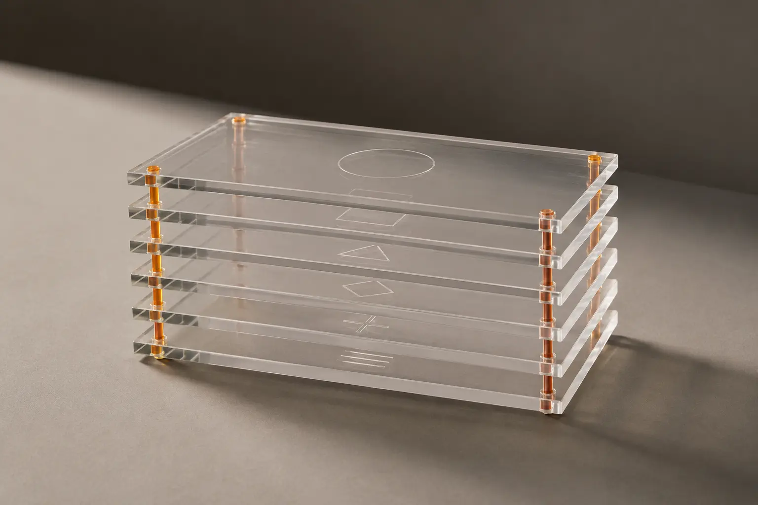 Six translucent acrylic plates aligned into a physical proofing sequence